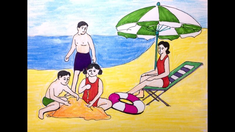 Vẽ tranh hoạt động ngày hè đi biển cùng bố mẹ