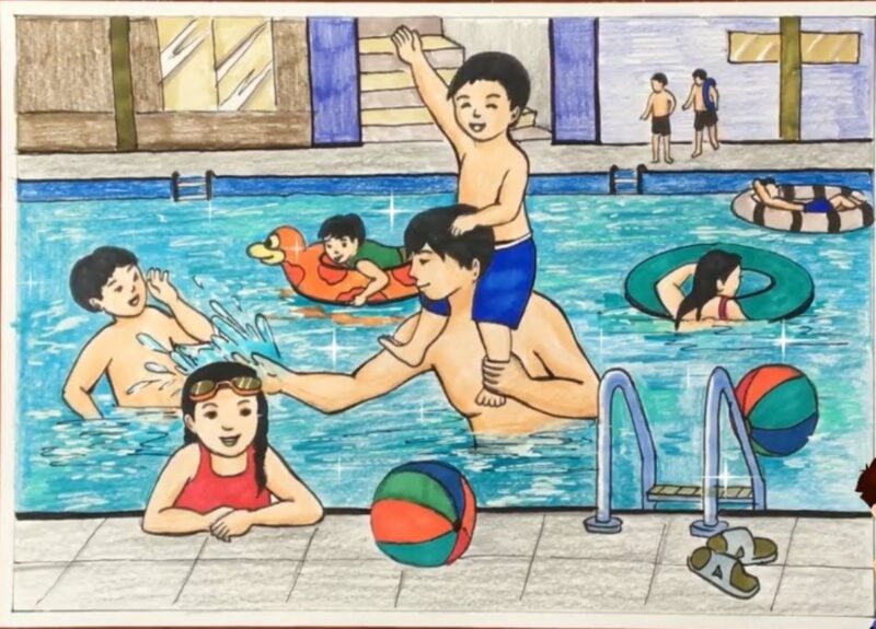 Vẽ tranh hoạt động ngày hè đi bơi cùng gia đình