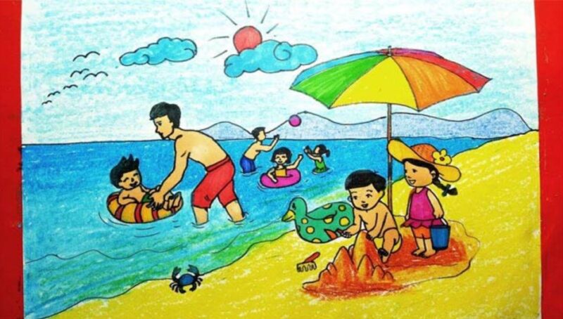 Vẽ tranh hoạt động ngày hè đi tắm biển