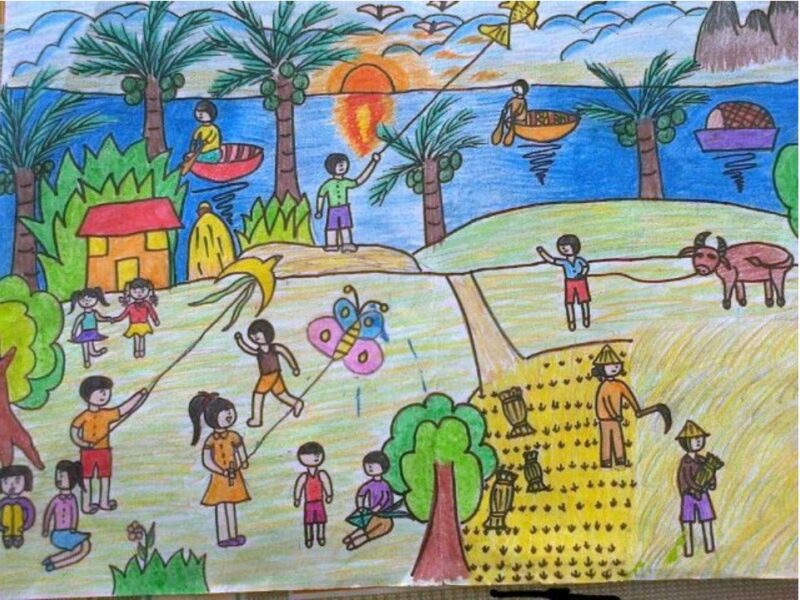 Vẽ tranh hoạt động ngày hè tại làng quê