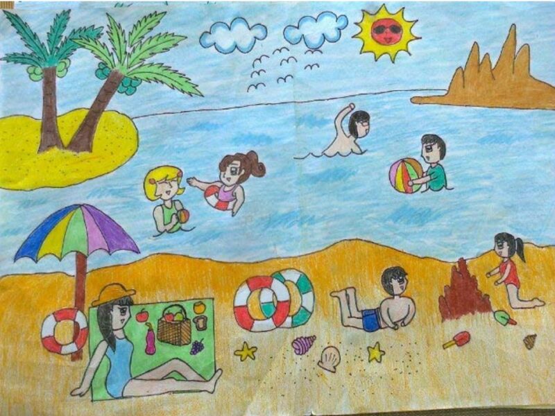 Vẽ tranh hoạt động ngày hè tắm mát tại biển