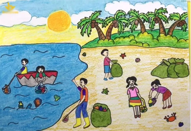 Vẽ tranh hoạt động ngày hè tình nguyện bãi biển