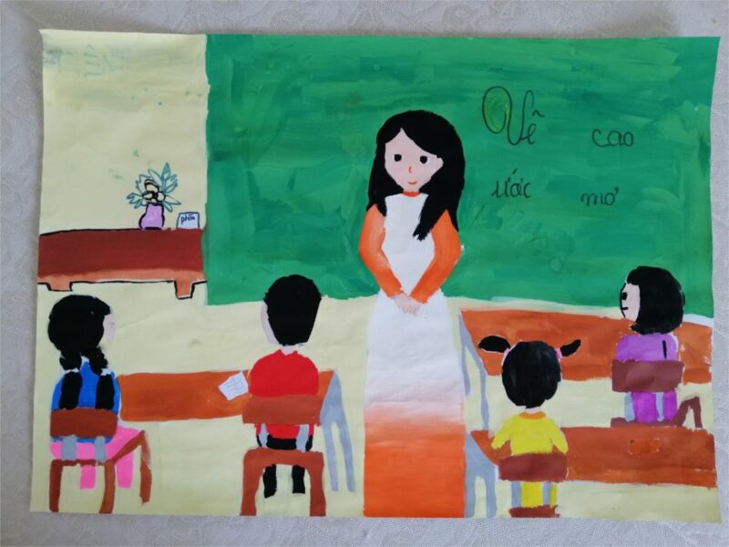 Vẽ tranh học tập cùng cô giáo trên lớp