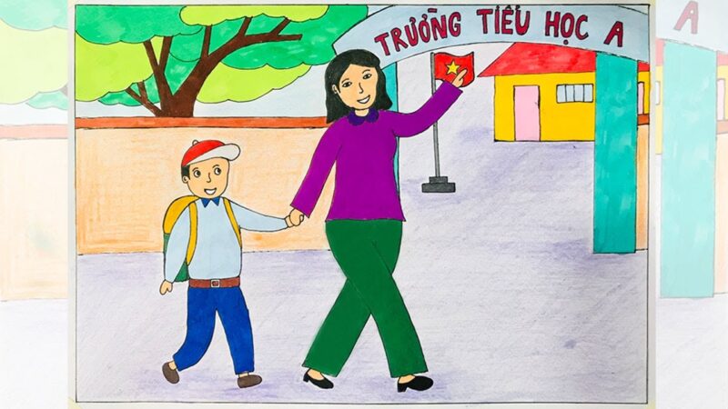 Vẽ tranh mẹ dắt em đến trường