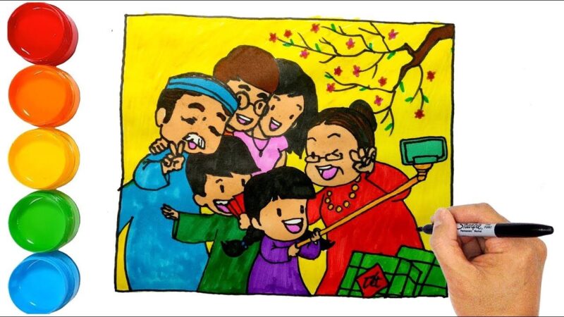 Vẽ tranh ngày tết gia đình chụp hình