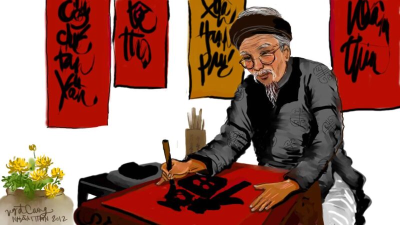 Vẽ tranh ngày tết thầy đồ ghi chữ