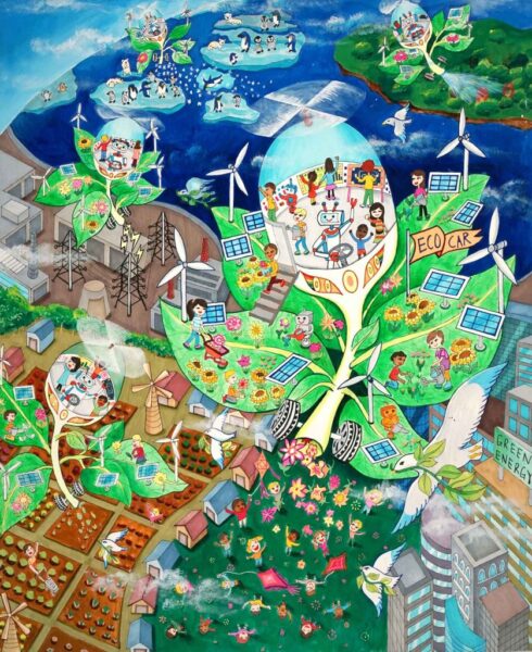 Vẽ tranh thế giới trong tương lai hiện đại theo phong cách xanh