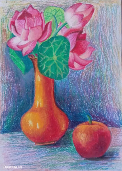 Vẽ tranh tĩnh vật lọ hoa Sen và quả Táo