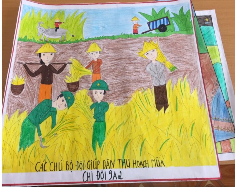 Vẽ tranh tình yêu quê hương đất nước bộ đôi thu hoạch lúa