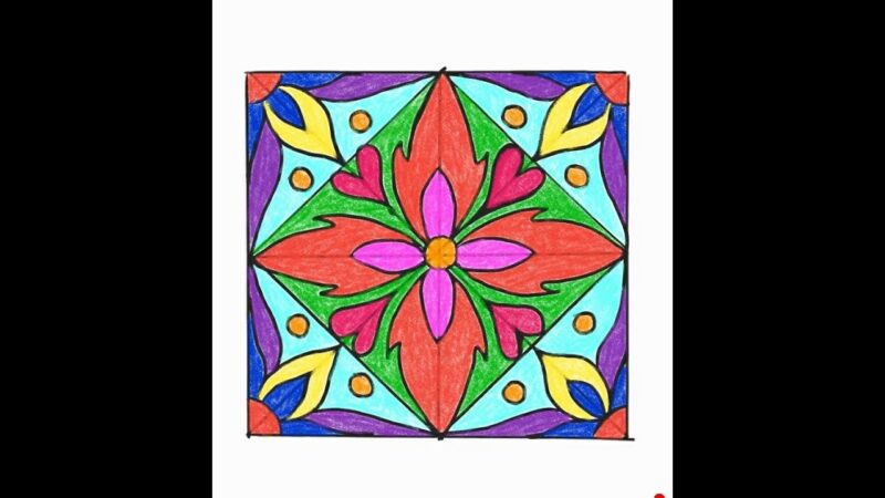 Vẽ tranh trang trí hình vuông bông hoa tím