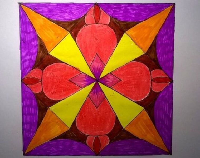 Vẽ tranh trang trí hình vuông khung tím