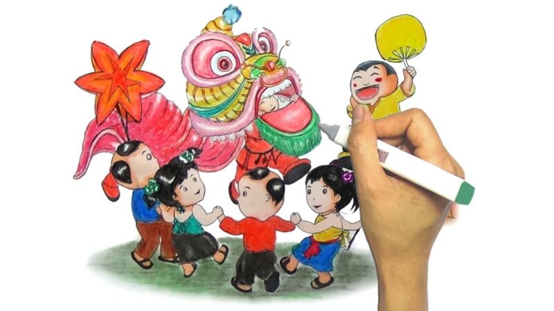 Vẽ tranh trung thu chơi đùa cùng lân
