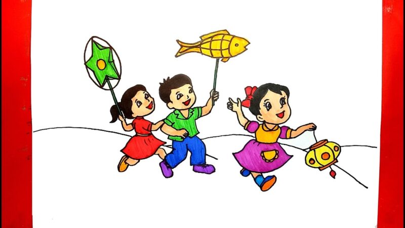 Vẽ tranh trung thu lồng đèn nhiều màu