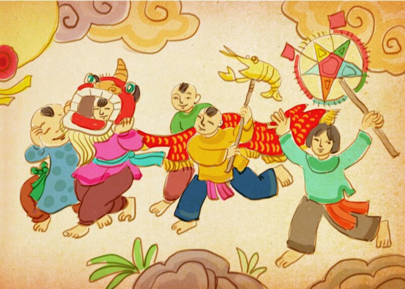 Vẽ tranh trung thu múa lân đỏ