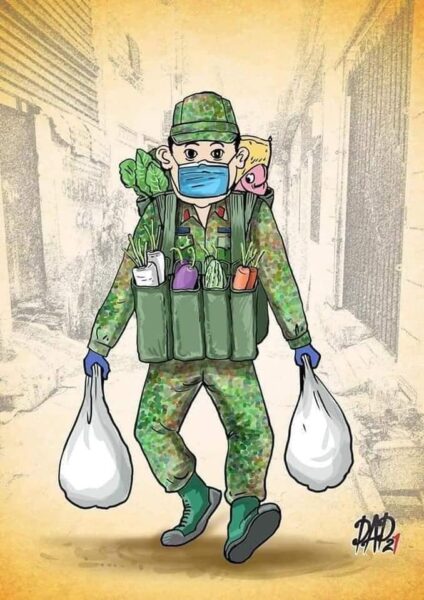 vẽ tranh vẽ màu áo xanh bộ đội giúp dân mua thực phẩm