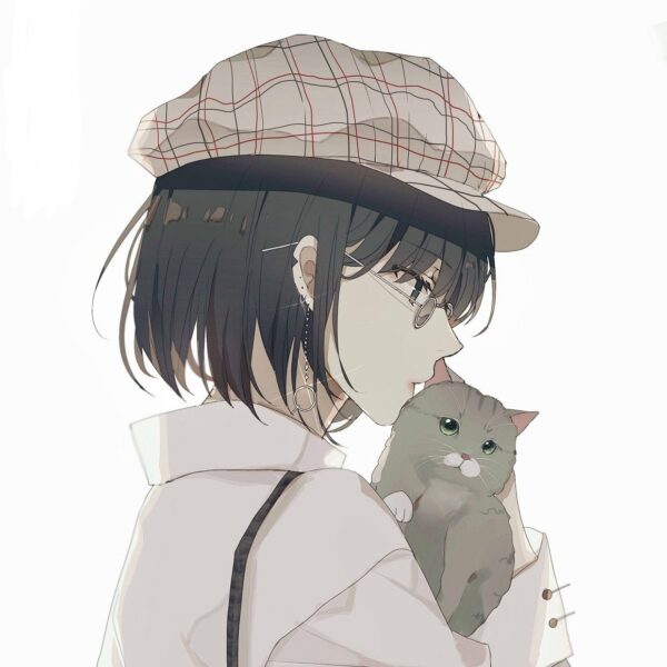 Ảnh avatar cặp đôi anime ôm mèo nữ
