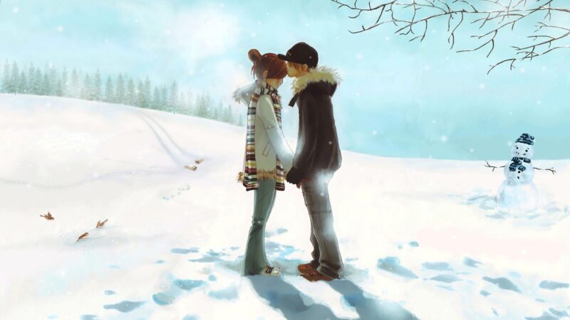 Hình ảnh nền hoạt hình tình yêu dưới tuyết
