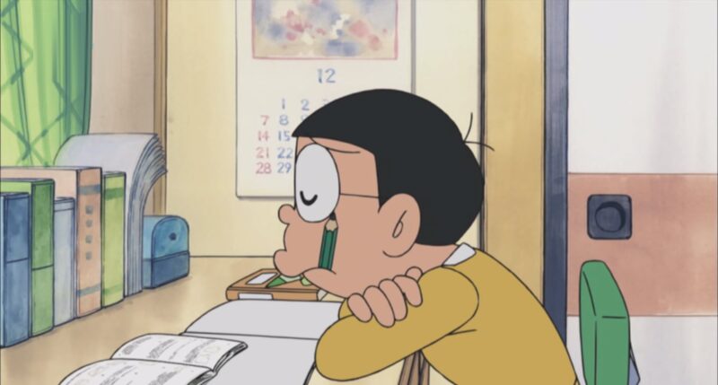 Hình ảnh Nobita đang học bài