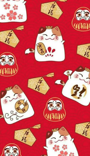 hình nền thần tài lật đật và mèo trắng cute