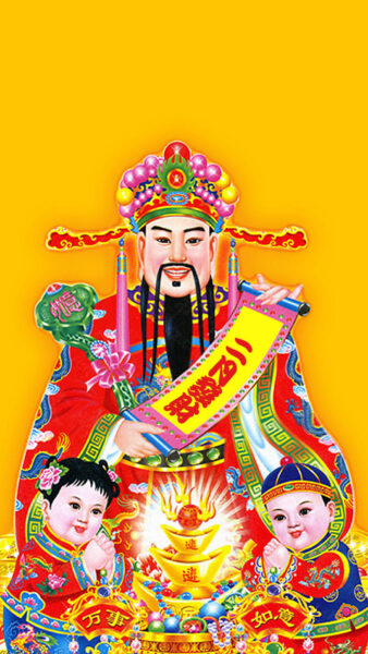 hình nền thần tài và hai đứa nhỏ bên cạnh