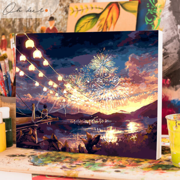 Tranh vẽ đề tài đêm giao thừa pháo hoa của họa sĩ