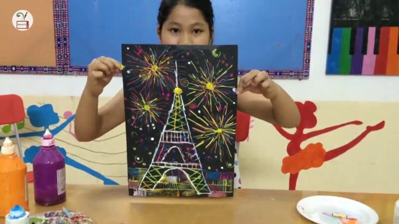 Tranh vẽ đề tài đêm giao thừa pháo hoa của học sinh