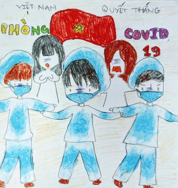 Tranh vẽ đề tài đeo khẩu trang của học sinh