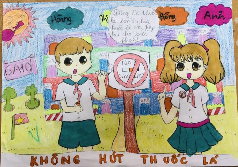 Vẽ tranh chủ đề thế giới không khói thuốc của hai em học sinh