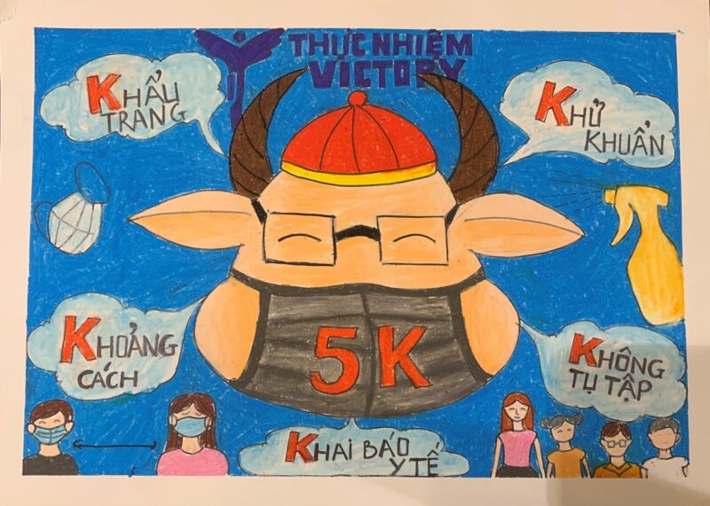 Tranh vẽ đeo khẩu trang và quy tắc 5K