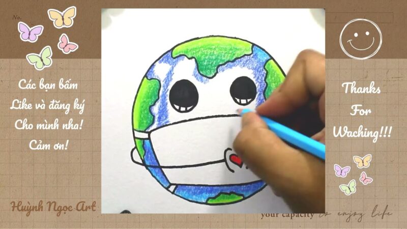 Tranh vẽ trái đất đeo khẩu trang bằng chì màu