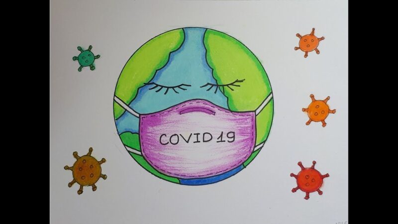 Tranh vẽ trái đất đeo khẩu trang của học sinh