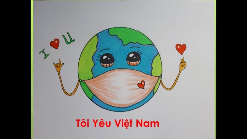 Tranh vẽ trái đất đeo khẩu trang đáng yêu