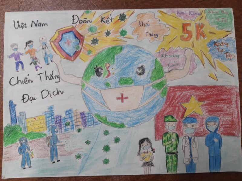 Tranh vẽ trái đất đeo khẩu trang đẹp nhất