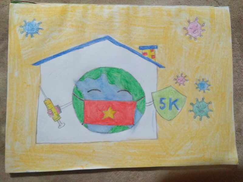 Tranh vẽ trái đất đeo khẩu trang in lá cờ Việt Nam