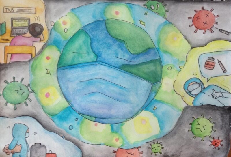 Tranh vẽ trái đất đeo khẩu trang nhắm mắt ngủ