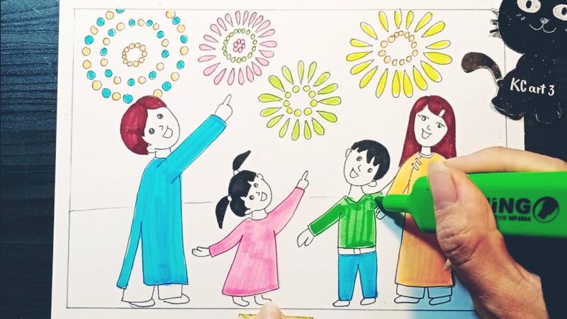 Vẽ tranh đề tài đêm giao thừa pháo hoa bằng màu lông