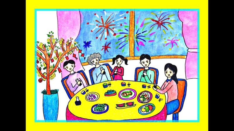 Vẽ tranh đề tài đêm giao thừa pháo hoa bên bàn ăn gia đình