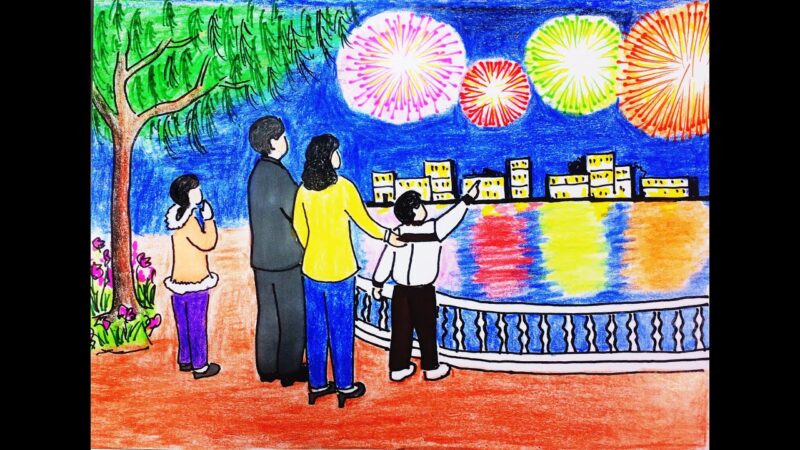 Vẽ tranh đề tài đêm giao thừa pháo hoa cùng gia đình nhỏ