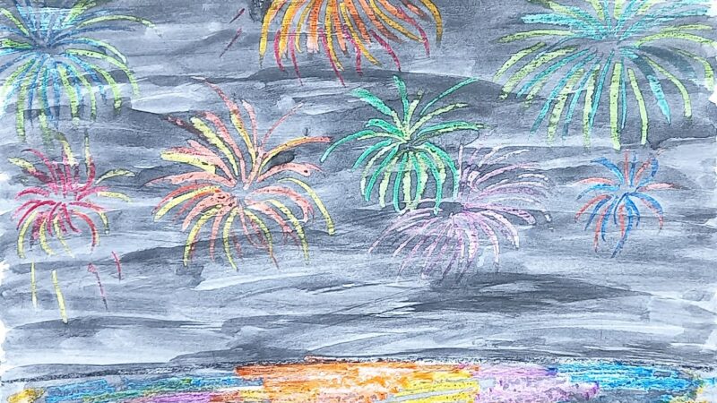 Vẽ tranh đêm giao thừa pháo hoa bằng màu nước