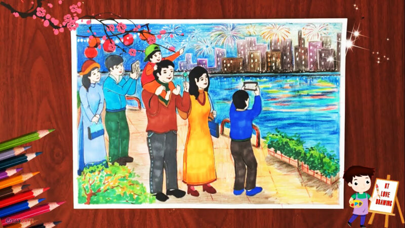 Vẽ tranh đêm giao thừa pháo hoa cả nhà đi chơi
