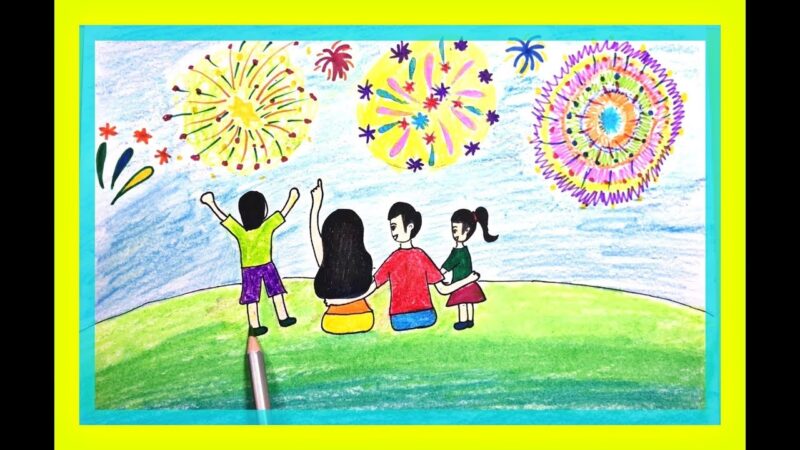 Vẽ tranh đêm giao thừa pháo hoa cùng gia đình đẹp đơn giản