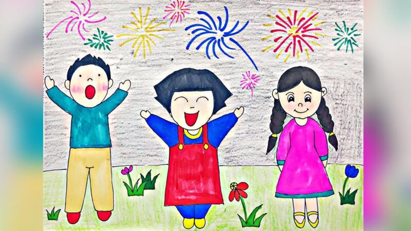 Vẽ tranh đêm giao thừa pháo hoa thiếu nhi