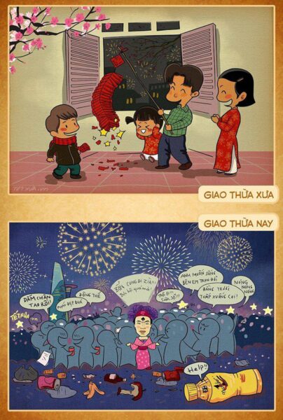 Vẽ tranh đêm giao thừa pháo hoa thời xưa và thời nay