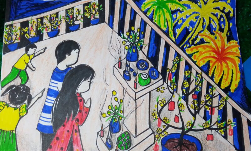 Vẽ tranh đêm giao thừa pháo hoa và bàn cúng