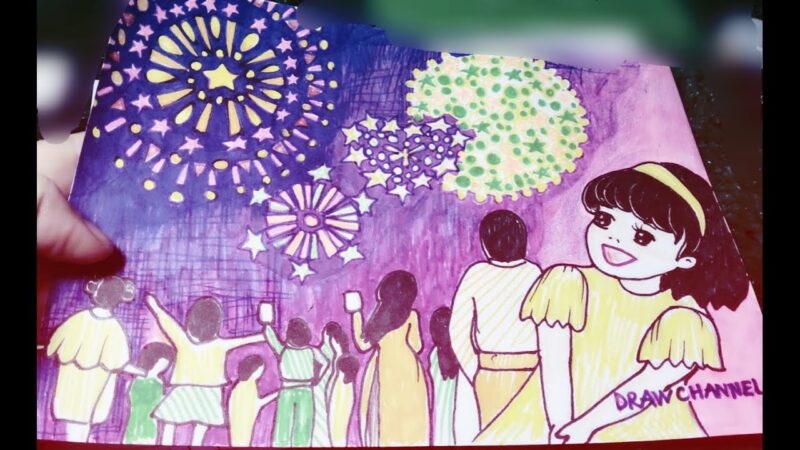 Vẽ tranh đêm giao thừa pháo hoa và bé gái