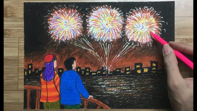 Vẽ tranh đêm giao thừa pháo hoa và cặp tình nhân