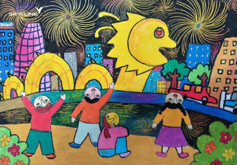 Vẽ tranh đêm giao thừa pháo hoa và rồng vàng