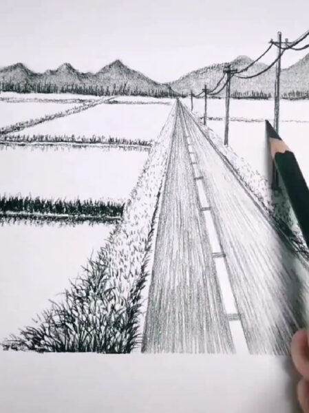 Vẽ tranh đen trắng con đường làng