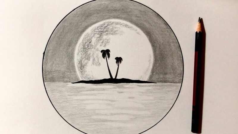 Vẽ tranh đen trắng hòn đảo dưới trăng