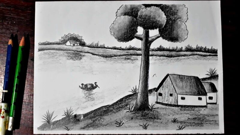 Vẽ tranh đen trắng làng quê yên bình